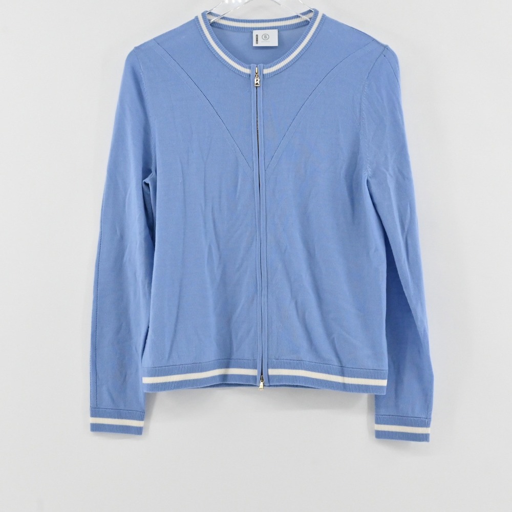 Bogner Sport‎ Full Zip Cardigan Womens Size 10 Blue Virgin Wool Preppy Old Money
